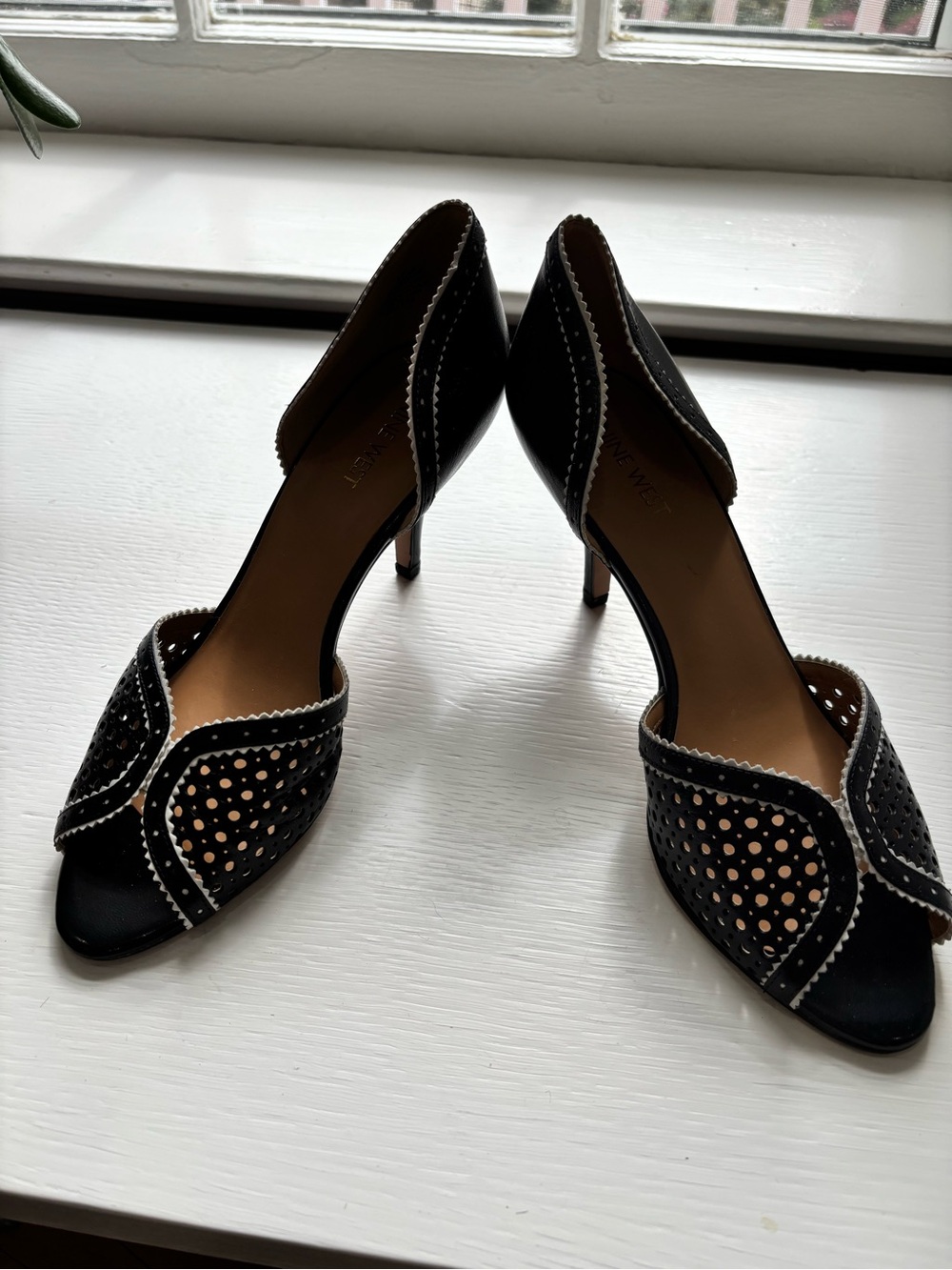 Nine West Black Peep-Toe Perforated D'Orsay Heels with White Trim